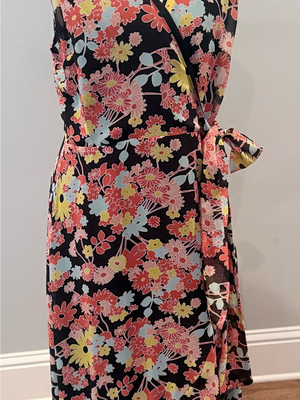 ModCloth Black Wrap Dress with Pink, Yellow & Light Blue Floral Print